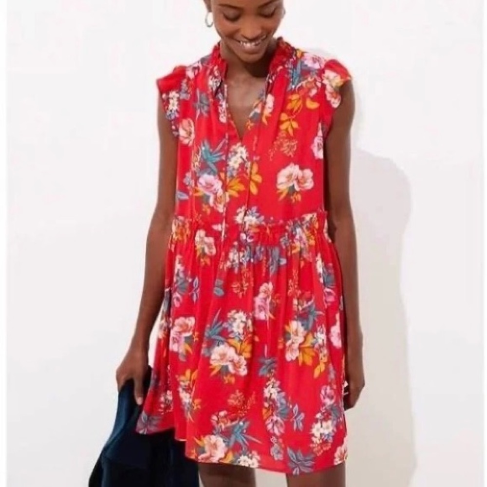 NWT Loft Red Floral Smocked Tie Neck Short Swing Dress, size XS